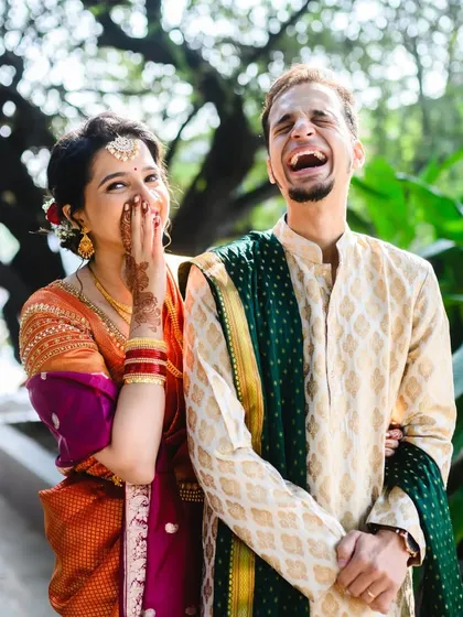 This is what happens when I just let a couple be. Sanjana and Mihir burst into laughter during their early morning portrait session. It’s these unscripted, happy moments that I love capturing the most.