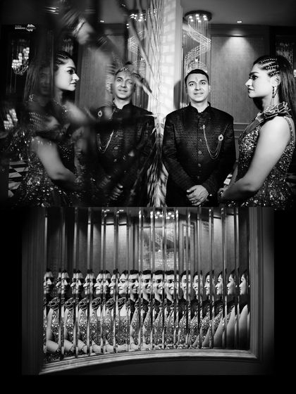 An artistic black and white collage using reflections and motion blur. This creative approach turns a standard portrait into a unique piece of art, perfect for a modern couple.