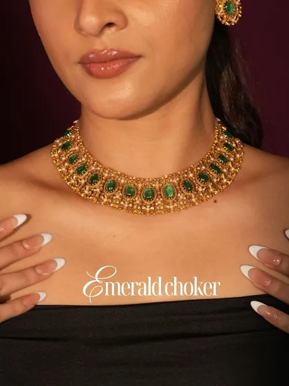 Modern royalty, carved in gold and emerald. This image showcases a beautiful emerald and gold choker, perfect for a bride or for a statement look.