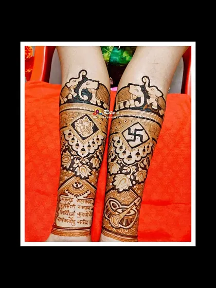 The arm design includes a Ganesh shloka written in beautiful Devanagari script, adding a deeply personal and spiritual touch to the bridal henna.