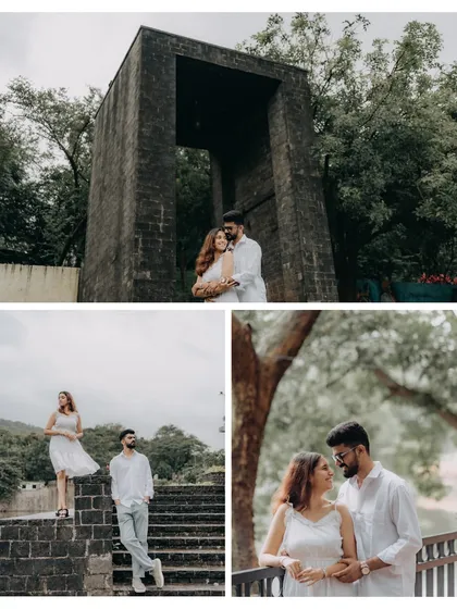 A collage showcasing different scenes from a park shoot. From a loving embrace under a modern stone structure to a quiet look shared by the trees, it shows the variety of moods we can capture.
