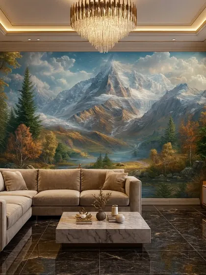 This wallpaper features a grand, snow-capped mountain range, rendered in a classic, painterly style. It adds a sense of scale and artistry to the room.