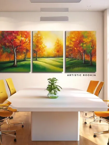 A triptych, or three-panel painting, of an autumn forest. This format is a great way to fill a large wall and create an immersive visual experience.