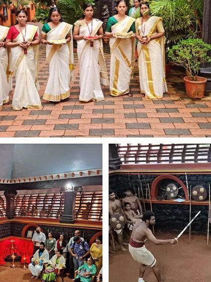 A collage from our Kerala retreat, showing the traditional welcome and a Kalaripayattu demonstration.