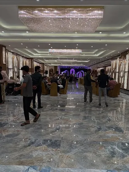 This is the separate dining area at Sky Banquet in Kharghar. Having a dedicated space for food keeps the main event hall clean and allows for a smooth and organized dining experience for your guests.