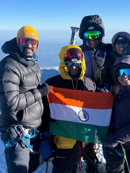 Our team on the summit of Mt. Elbrus, holding the Indian flag high above the clouds. We had a record-breaking season with over sixty successful summits.