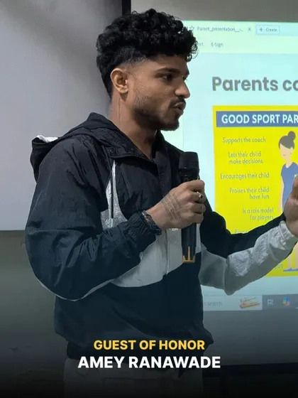 Guest of honor Amey Ranawade speaking to parents about the importance of good sports parenting.