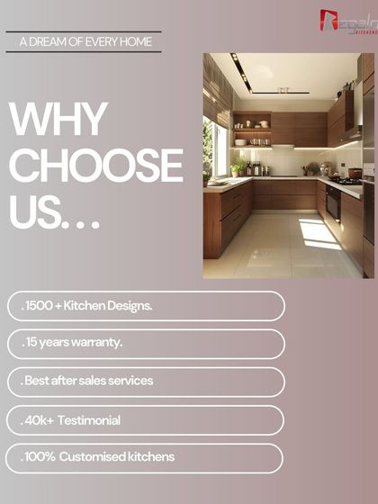 Why choose us? This graphic lays out our key strengths: over 1500 kitchen designs, a 15-year warranty, the best after-sales service, and 100% customized kitchens.