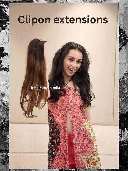This model showcases her beautiful, voluminous curls next to a clip-on extension piece, showing how easy it is to enhance your natural hair for a fuller look.
