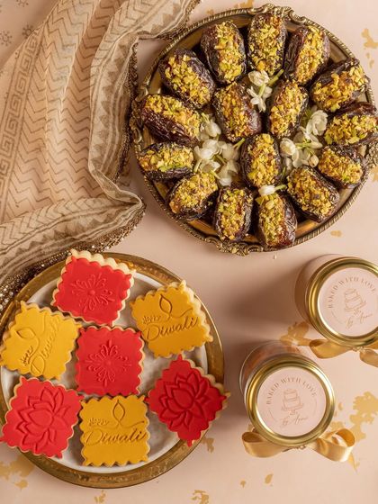 A festive flatlay of Diwali hampers. This shot includes traditional elements like diyas alongside beautifully packaged cookies and dates, creating a warm and inviting image for a seasonal catalog.