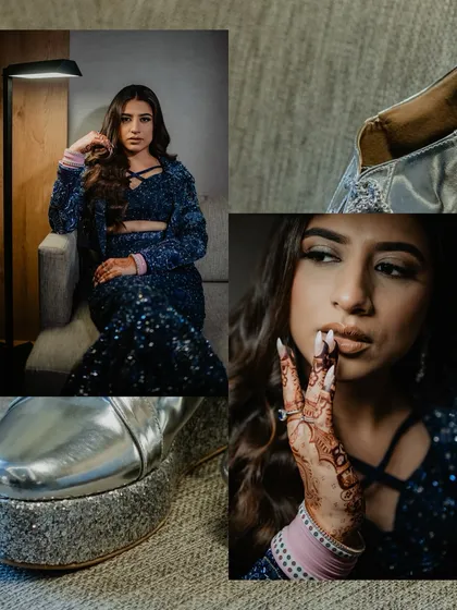 A collage showcasing the bride's glamorous cocktail night details: her stunning blue outfit, sparkling platform heels, and beautiful henna-adorned hands.