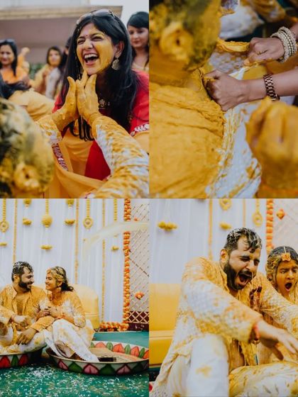 The joyous and messy fun of Sajiree and Neil's Haldi ceremony, captured in a vibrant collage.