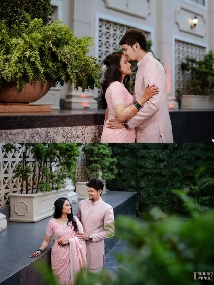 A collage of the couple sharing romantic moments during their engagement shoot. The soft lighting and elegant outfits create a timeless and sophisticated look.