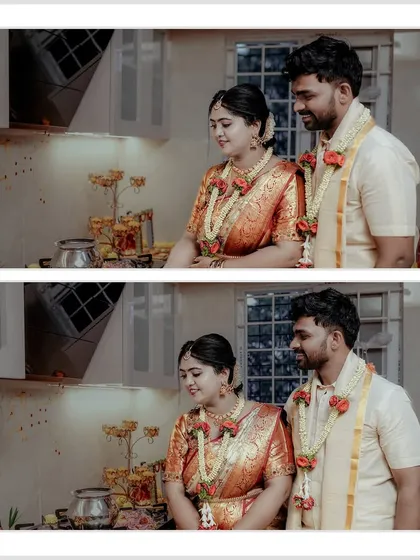 A collage from a housewarming ceremony. These photos capture the couple in their new home, performing traditional rituals to bless the space.