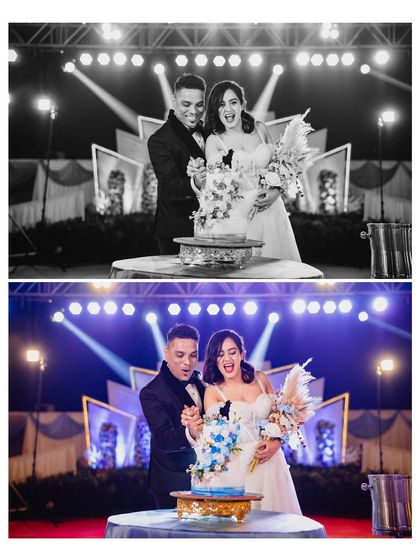 A diptych of the cake cutting, showing both black and white and color versions. The images capture the couple's fun and expressive reactions.