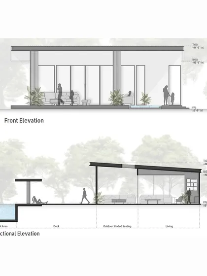 These architectural elevations show how the structure interacts with its inhabitants and the landscape. The sectional elevation, in particular, highlights the flow from the interior living space to the shaded deck and pool area.