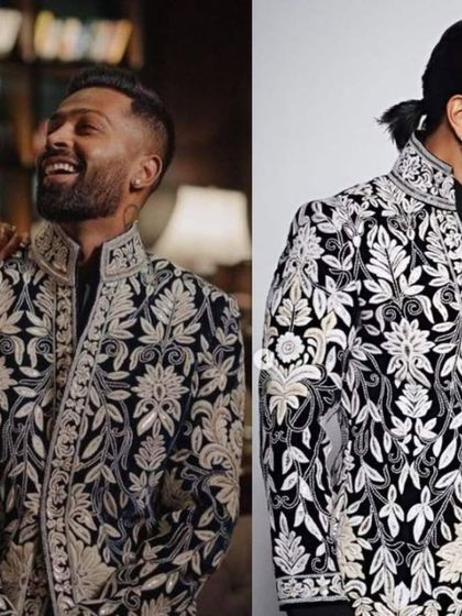 Inspiration behind the craft. This image compares our custom-made, intricately embroidered black and white sherwani with similar styles worn by celebrities like Hardik Pandya and Ranveer Singh.