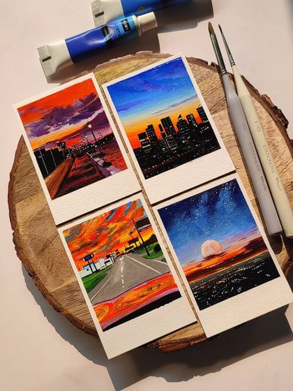 Four of my favorite polaroid paintings, featuring dramatic sunsets and cityscapes. These are all painted with acrylics.