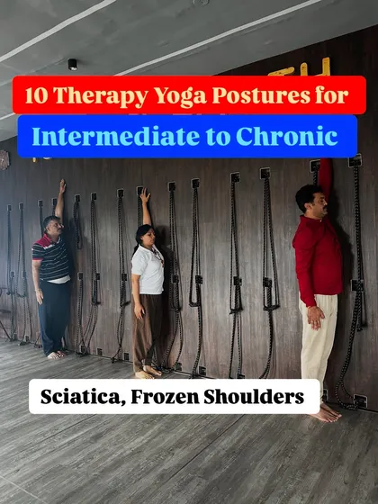 This image highlights some of the key therapeutic postures I teach for intermediate to chronic conditions like sciatica and frozen shoulders, often utilizing the wall for support and alignment.