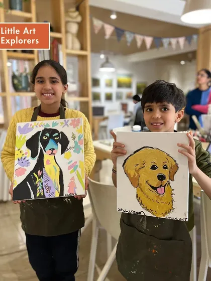 I love seeing the pride on our Little Art Explorers' faces. These two created their own colorful dog portraits during a drop-in painting session, each one with its own unique personality.