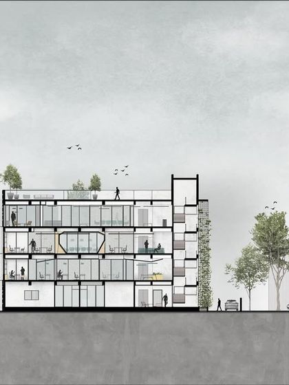 A section drawing of the Chennai office building reveals the internal spatial organization. It shows how the different floors are programmed and how the green facade and unique structural elements are integrated throughout the building.