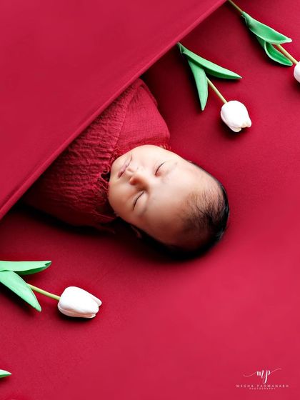 An angled shot showing the contrast between the red blanket and the white flowers.