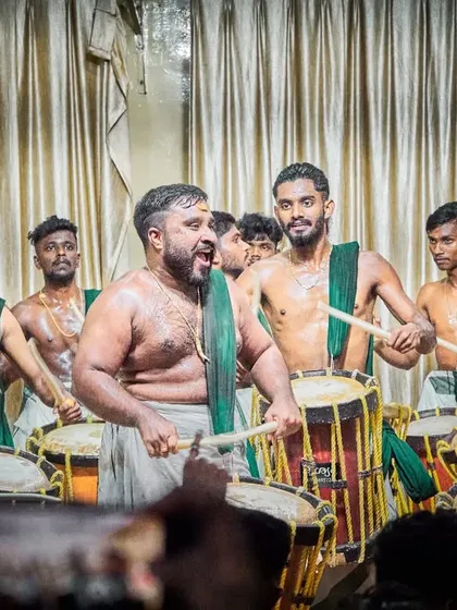 The peak moment of a performance, where the energy of the entire team comes together in a powerful crescendo. This is the raw, unfiltered passion of a live Chenda Melam.