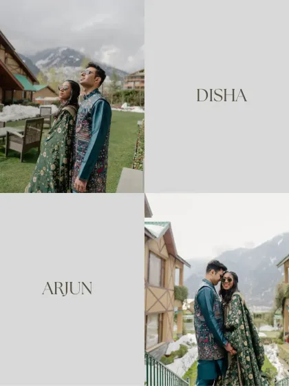 A stylish collage from a Manali Mehndi ceremony. It introduces the couple and sets the scene, showcasing their coordinated outfits and the beautiful, snowy resort location.