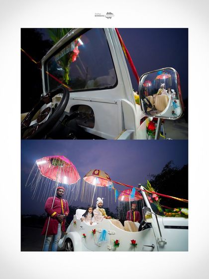 A creative collage of the groom's baraat. It shows his reflection in the side-view mirror and his grand entry in the wedding car, telling a complete story.