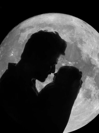 A father's gentle love, captured in a stunning silhouette against the moon. A perfect companion to the mother and child portrait.