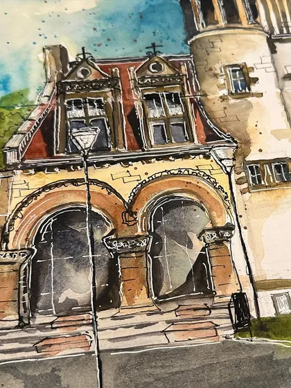 A detailed close-up of my Cambridge Public Library sketch, focusing on the beautiful arched windows and brickwork.