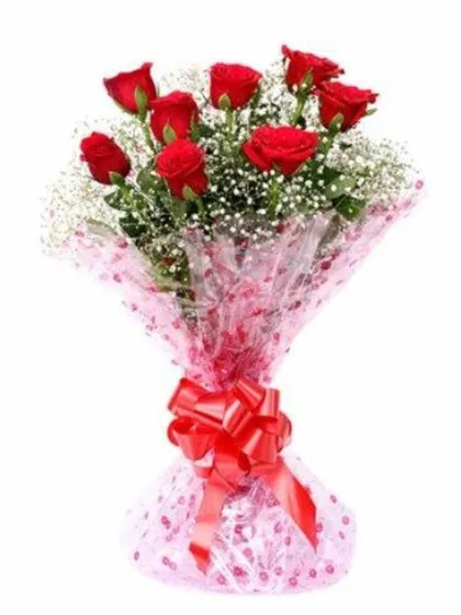 A classic romantic bouquet of red roses and baby's breath. The cellophane wrapping with a red bow is a traditional style that is always appreciated.