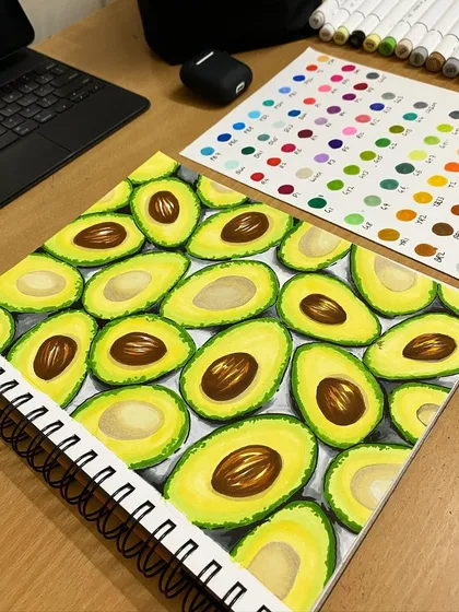 A fun and vibrant illustration of avocados made with Ohuhu alcohol markers. This piece is a great example of how I teach color layering and shading to make simple subjects look realistic and full of life.