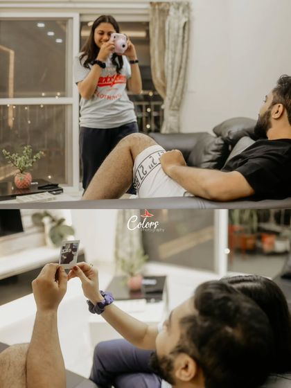 A collage showing a playful at-home activity, using a polaroid camera to create memories within memories.