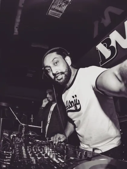 A black and white version of my DJ selfie, adding a classic, cool vibe to the shot.