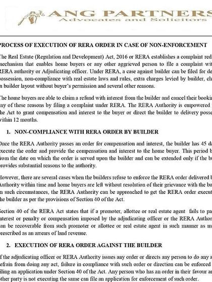 This document outlines the process of executing a RERA order if the builder fails to comply. It explains how to file a complaint for non-enforcement and the powers of the RERA authority to recover compensation as arrears of land revenue.