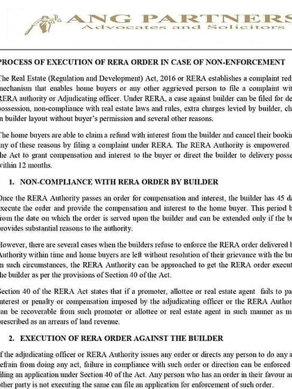This document outlines the process of executing a RERA order if the builder fails to comply. It explains how to file a complaint for non-enforcement and the powers of the RERA authority to recover compensation as arrears of land revenue.