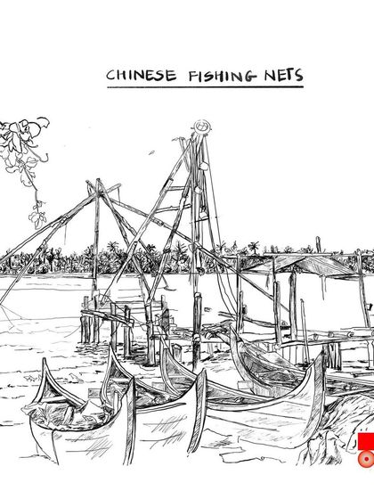 A digital sketch of the iconic Chinese Fishing Nets in Kochi. This illustration captures the massive wooden structures and traditional boats that are a symbol of the region's history and connection to the sea.