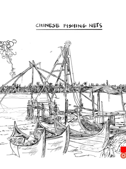 A digital sketch of the iconic Chinese Fishing Nets in Kochi. This illustration captures the massive wooden structures and traditional boats that are a symbol of the region's history and connection to the sea.