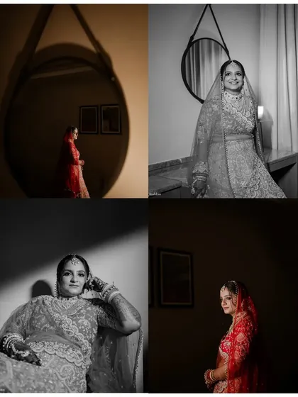 A collage of artistic bridal portraits of Saloni. The mix of color, black and white, and creative use of shadows and reflections creates a beautiful and varied collection.