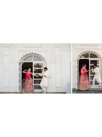 Framed by an elegant arched doorway, Amanda and Ankur share a dance. This diptych captures the movement and interaction between them, telling a small story in just two frames.