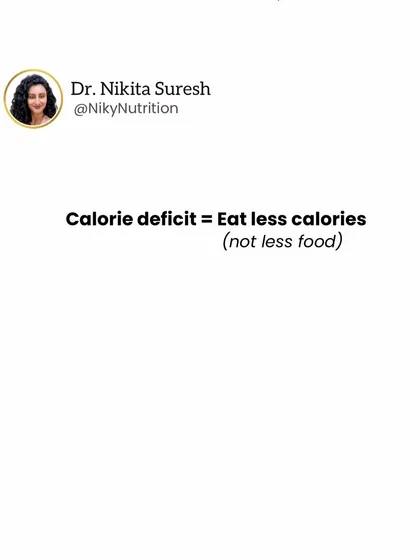 A calorie deficit means eating fewer calories, not less food. The goal is to choose nutrient-dense foods that fill you up, rather than starving yourself, which leads to bingeing and failure.