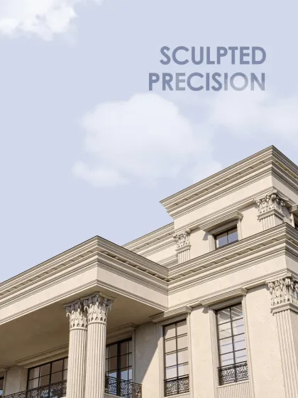 This image showcases sculpted precision in a facade rooted in classical form. Every cornice and Corinthian column has been carefully considered, celebrating heritage and geometry in built form.