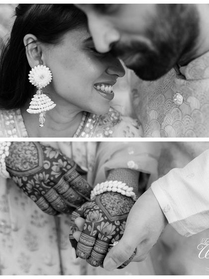 A beautiful black and white shot capturing the couple's smiles and the intricate details of their Mehendi. It highlights the joy and artistry of the occasion.