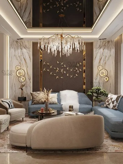 Maximizing style in a compact space. This living room uses clever furniture placement, a statement marble wall, and a mirrored ceiling to create an illusion of spaciousness without sacrificing luxury.