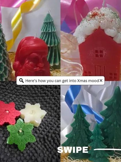 Get into the Christmas mood with our special Christmas candles. This collage showcases our variety, from Christmas trees and Santa to snowflakes and gingerbread houses.