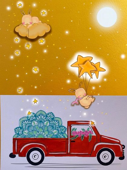 A cute and dreamy illustration of a red truck carrying a large blue mandala in its bed. The scene is set under a starry night sky, creating a whimsical and imaginative piece.