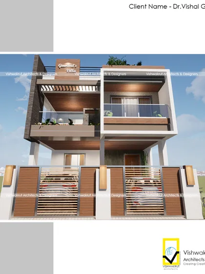 A different perspective of the 'Gawand's Villa' in Uran, highlighting the main gate and boundary wall design which provides security while enhancing the home's curb appeal.