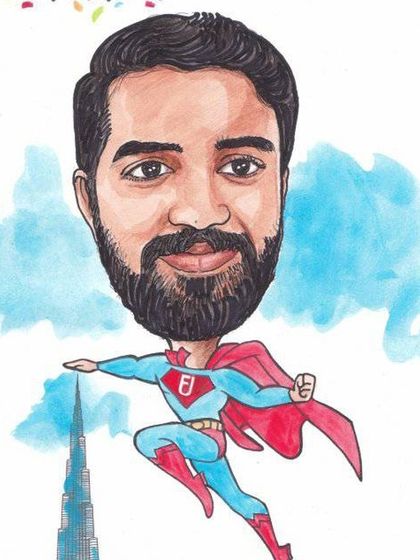 Close-up of a male employee's superhero caricature, capturing his likeness in a fun, dynamic pose.