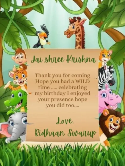 A close-up of the personalized thank you card for Ridhaan's jungle-themed party.
